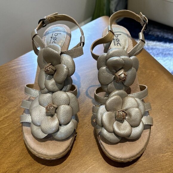 Born Concept Shoes - B.O.C Born Concepts Metallic Leather Champagne Flowers Block Heel Sandals Size 9